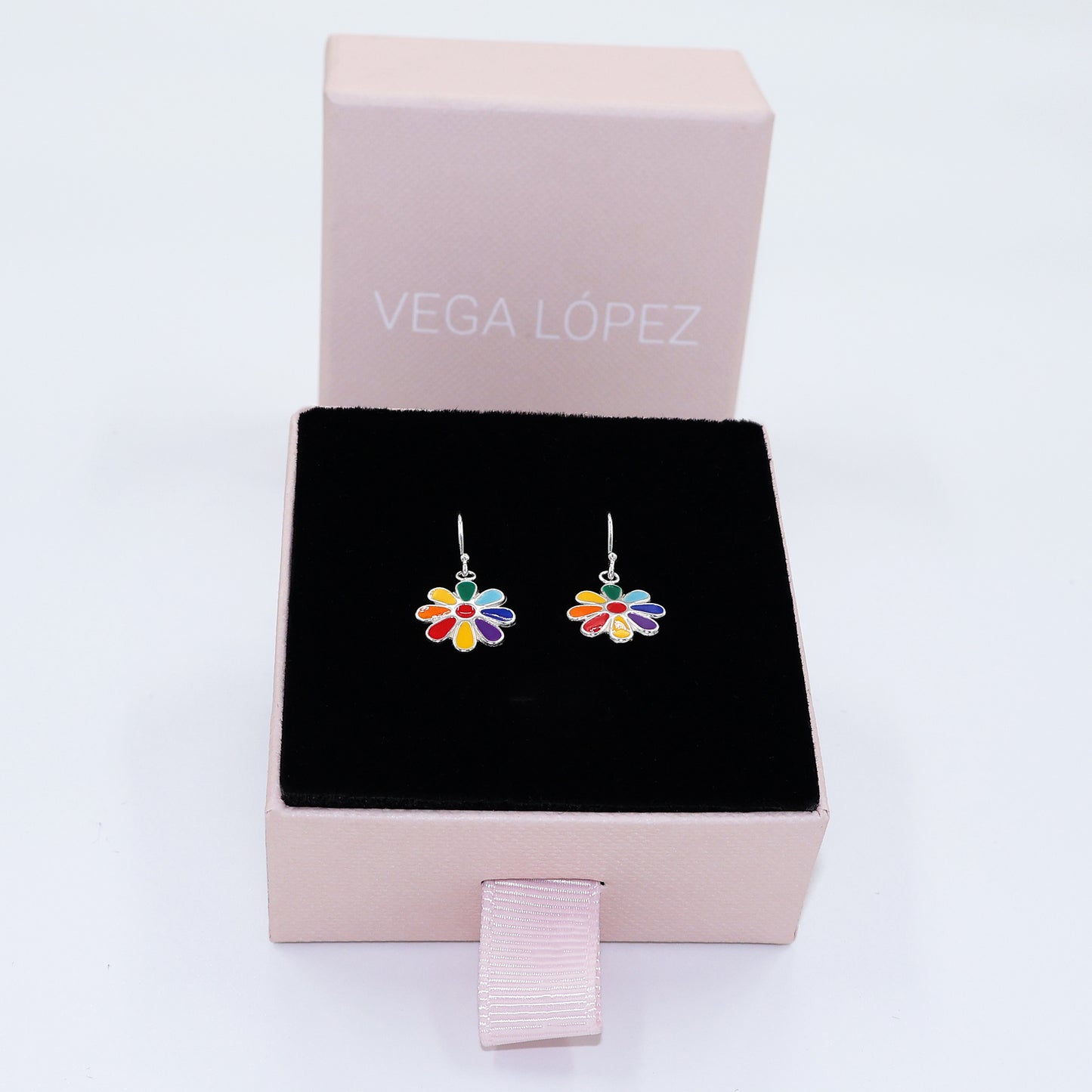 Earrings with hooks and multicolored flower petals