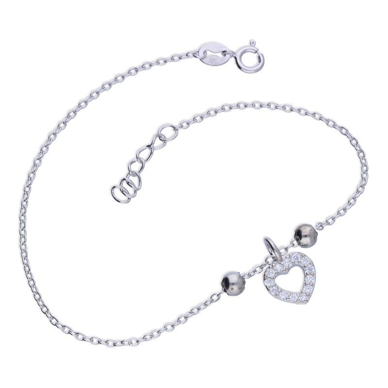 925 Sterling Silver bracelet with beads and heart with white zirconia