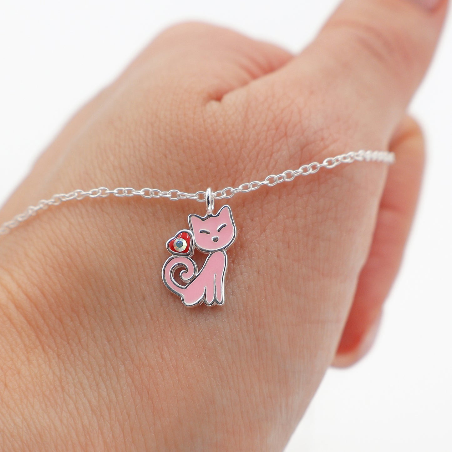 Sterling Silver Pink Cat Pendant Necklace for Kids