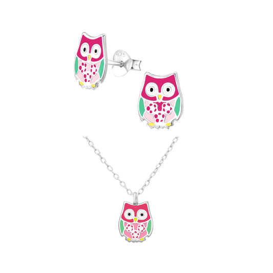 Sterling Silver Jewelry Set for Kids – Necklace and Earrings, Multicolored Owl