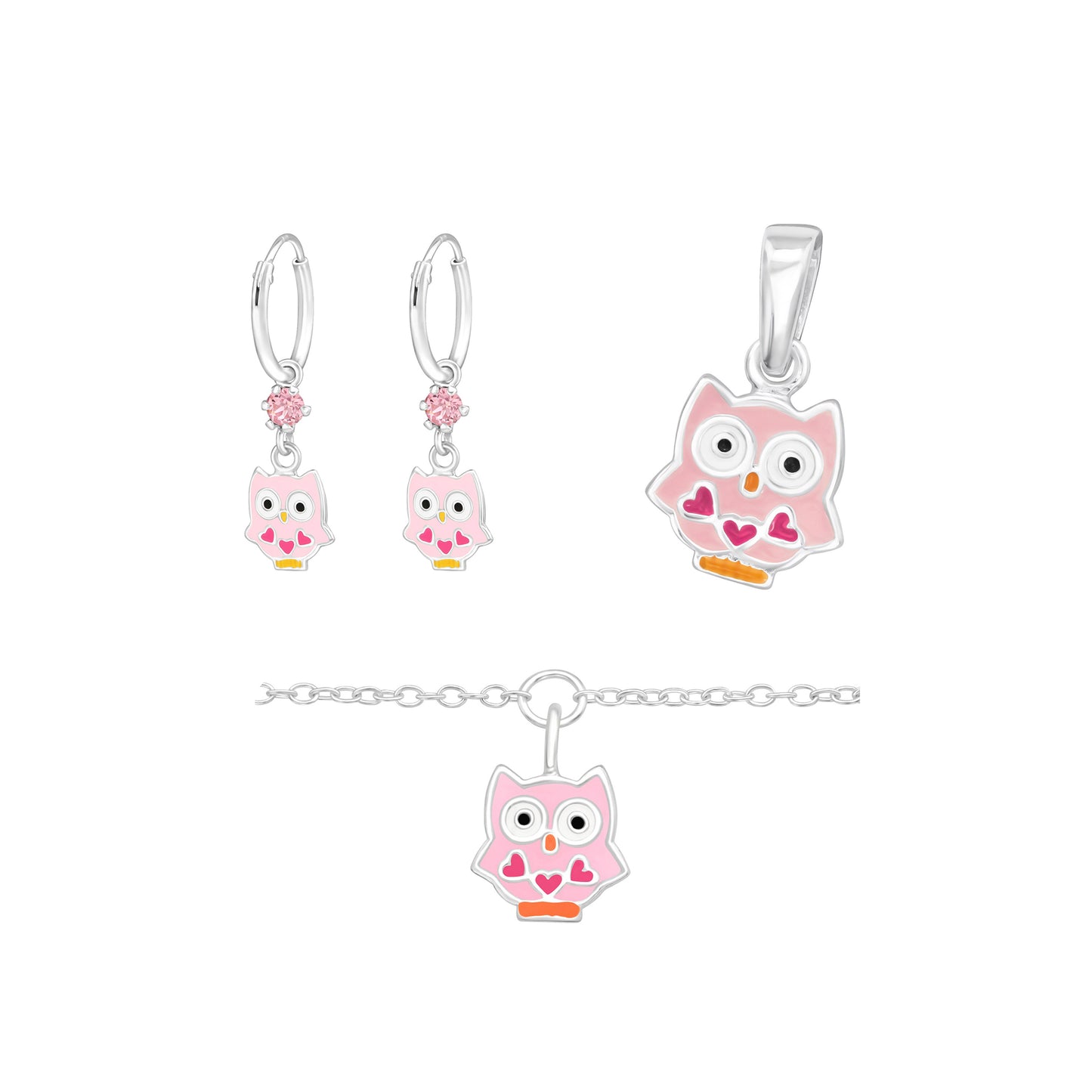 Owl Jewelry Set: Bracelet, Earrings & Necklace