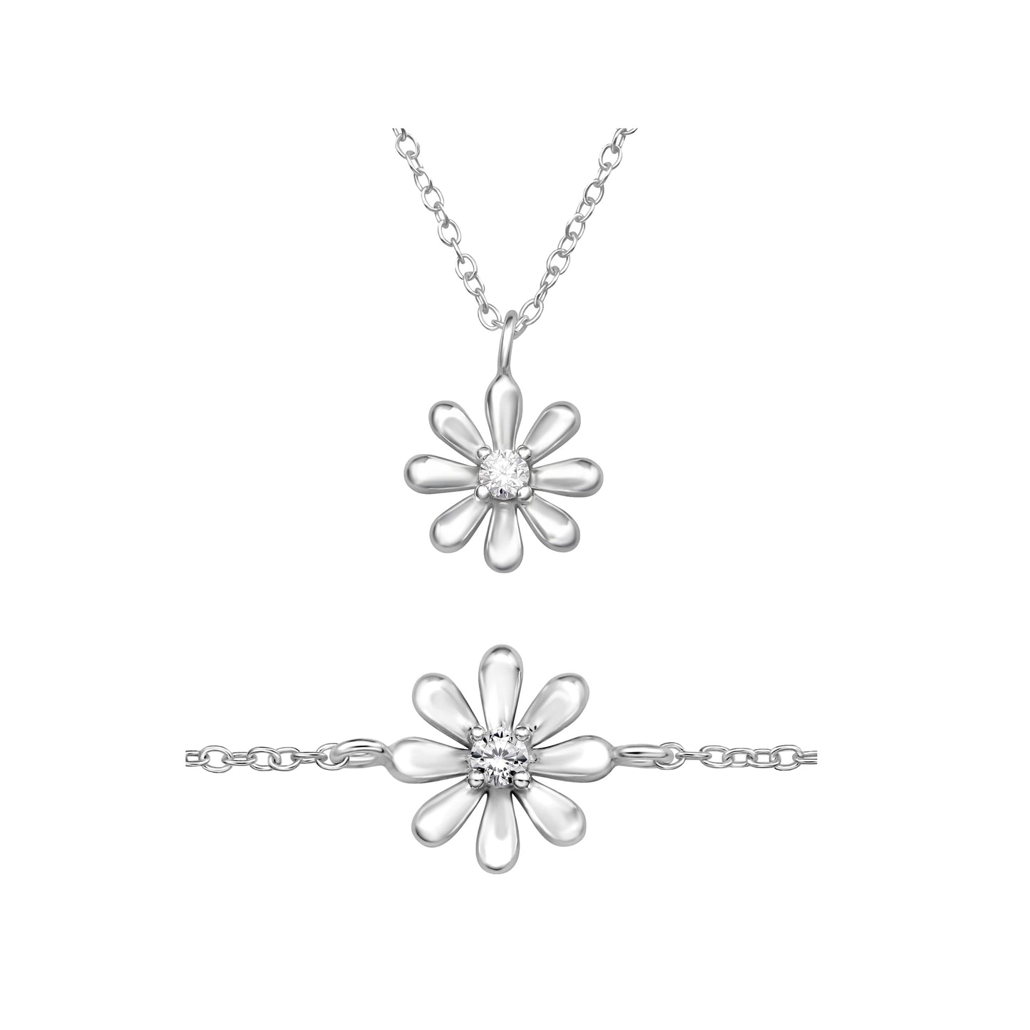 Flower Pendant Necklace & Bracelet Set with Central Zirconia