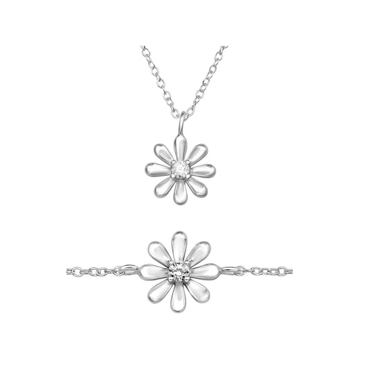 Flower Pendant Necklace & Bracelet Set with Central Zirconia