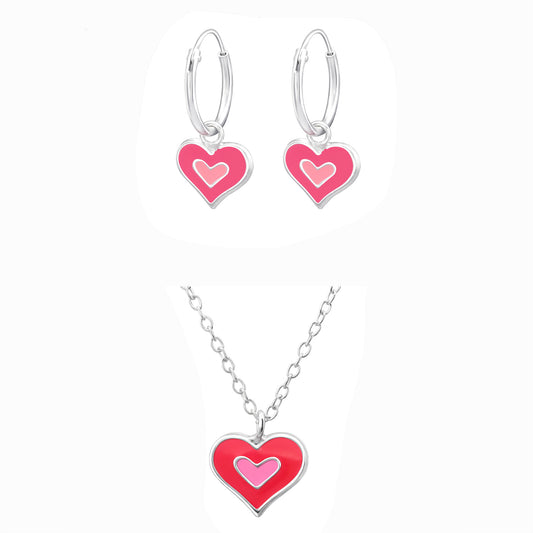 Sterling Silver Necklace and Earrings Set for Kids with Colorful Heart