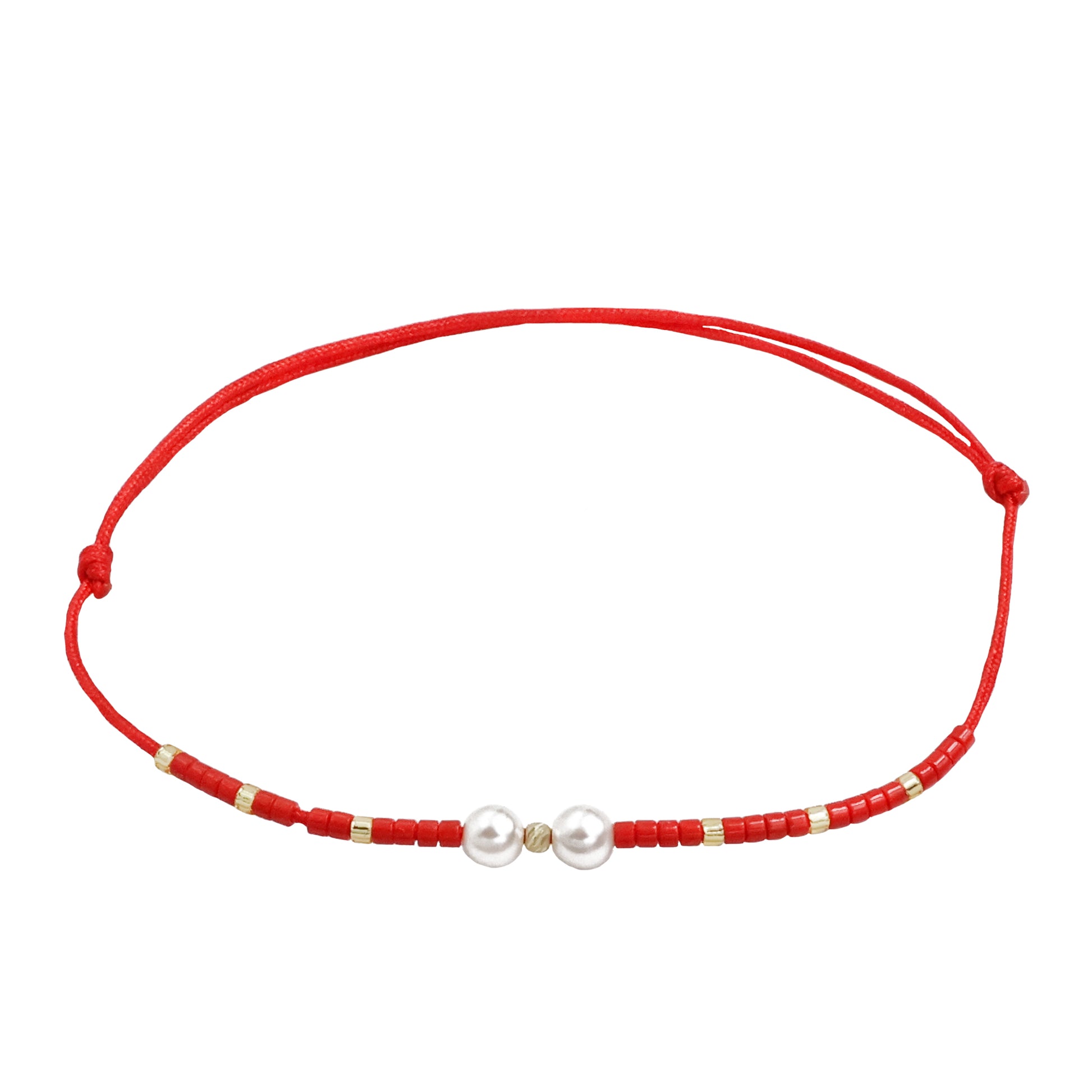 Bracelet with 1 bead of 14K solid gold, Miyuki beads and 2 artificial pearls-red Vega Lopez