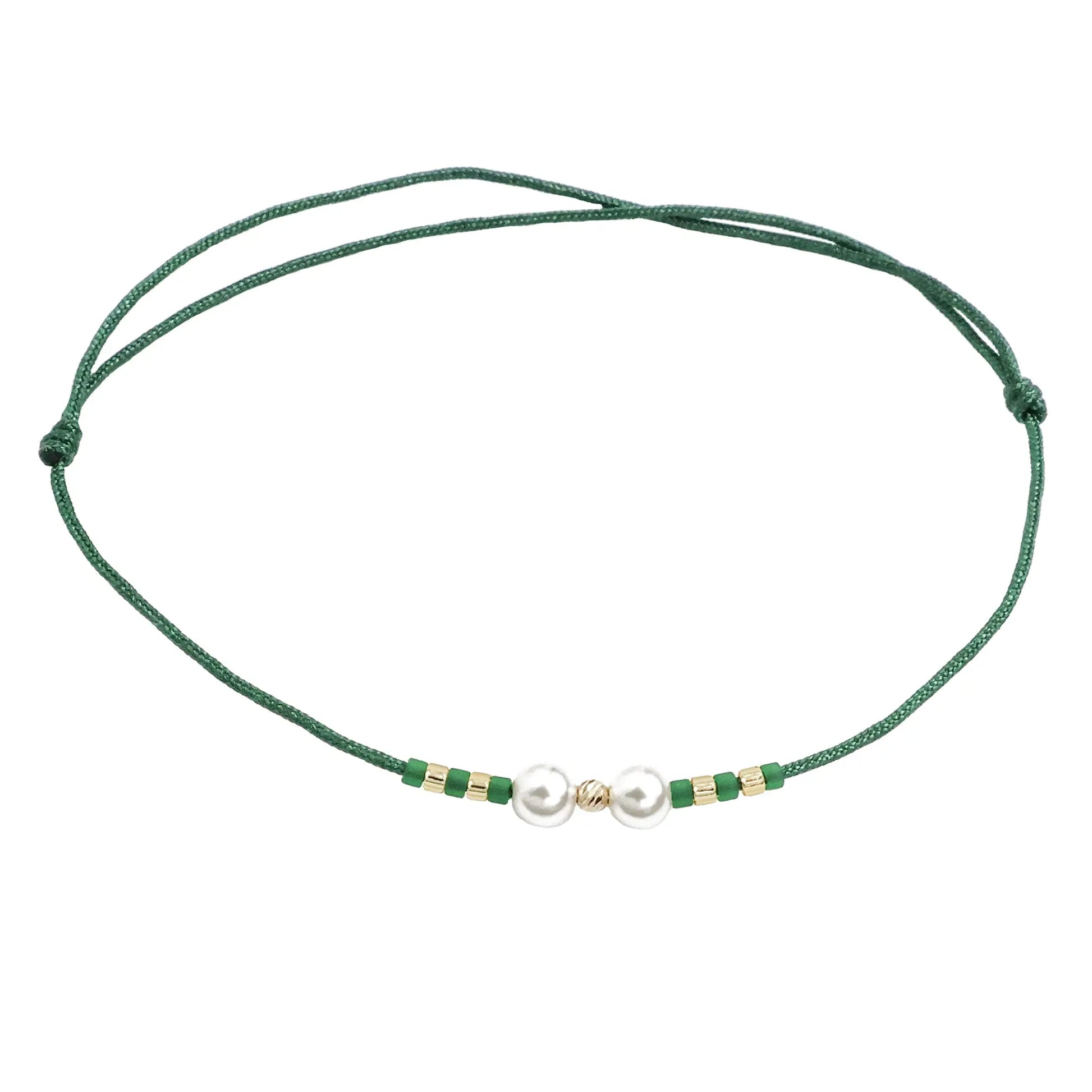 Bracelet with 1 bead of 14K solid gold, Miyuki beads and 2 artificial pearls-green Vega Lopez